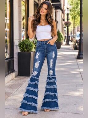 JC & JQ Distressed High Rise Frayed Bell Bottom Flare Jeans Women's Medium